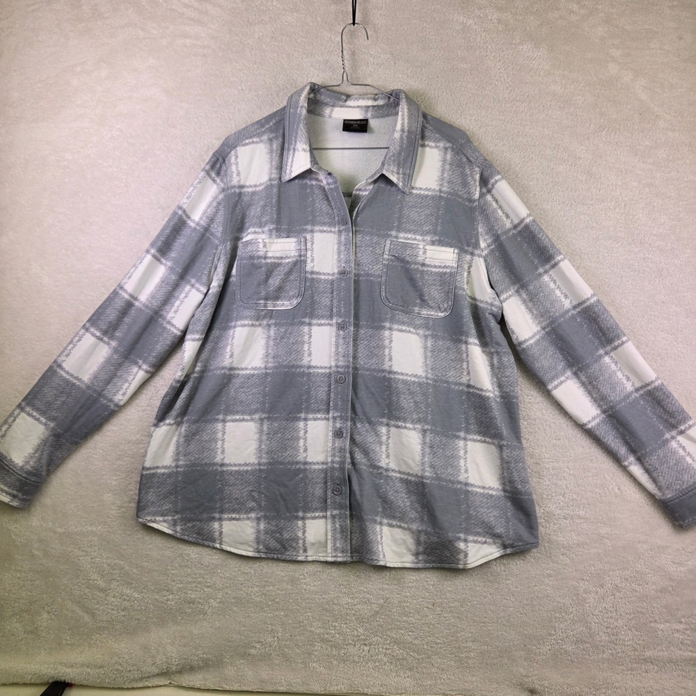 32 Degrees Heat Mens XL Grey White Plaid Fleece Button Down Shirt Pockets 4347